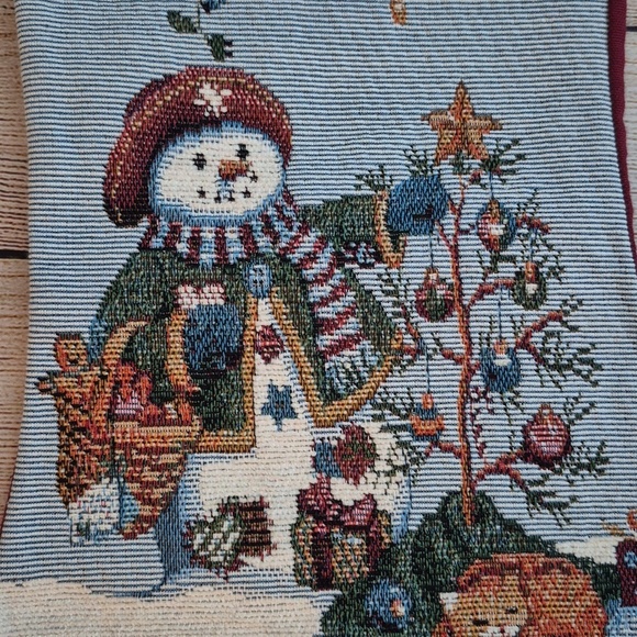 Longabeger Tapestry Christmas Stocking Lady Snowman Cat Christmas Tree Lights - Picture 5 of 7